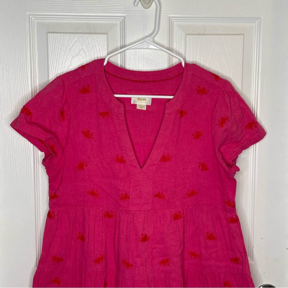 Maeve Crab Embroidered Novelty Print Tiered Mini Dress Fun Quirky Nautical M - Picture 3 of 10